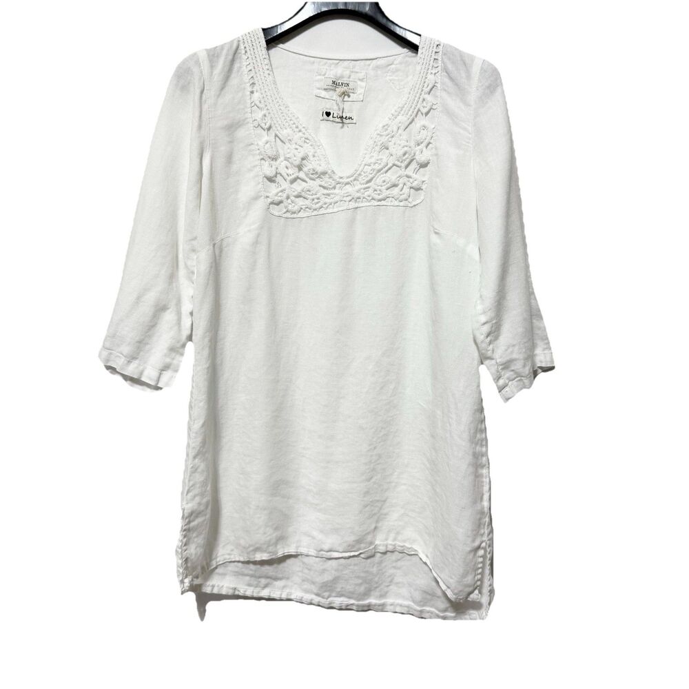 Malvin Love Linen Hamburg Germany White Linen 3/4 Sleeve Tunic Top Size M??